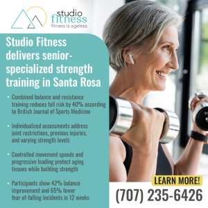 Older woman lifts dumbbells, smiling, as text describes Studio Fitness’s senior strength training program in Santa Rosa, including benefits and contact information.
