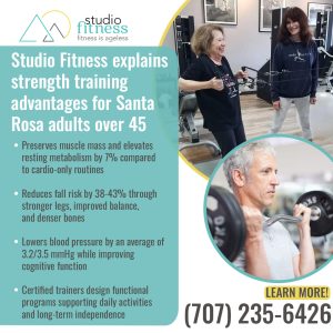Two older women train with dumbbells and a trainer at Studio Fitness. Inset shows a man lifting a barbell. Text details strength training benefits for Santa Rosa adults over 45 and contact info.