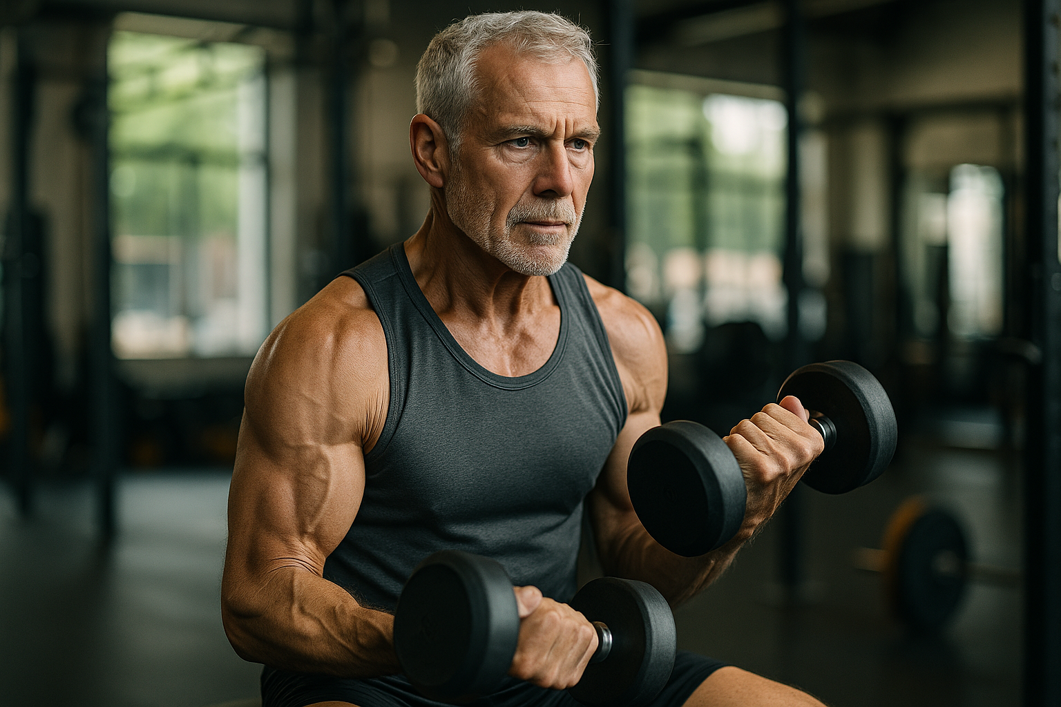 Older man with gray hair and a muscular build lifts dumbbells in a gym, wearing a dark sleeveless shirt. Demonstrating the slow strength training benefits, he moves deliberately through each repetition as natural light pours through large windows in the background.