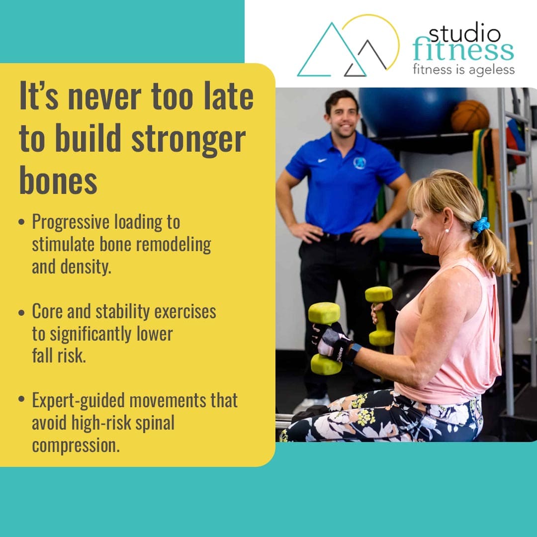 Older woman lifting dumbbells in a gym with a male trainer observing; text highlights benefits of strength exercise for bone health at Studio Fitness.