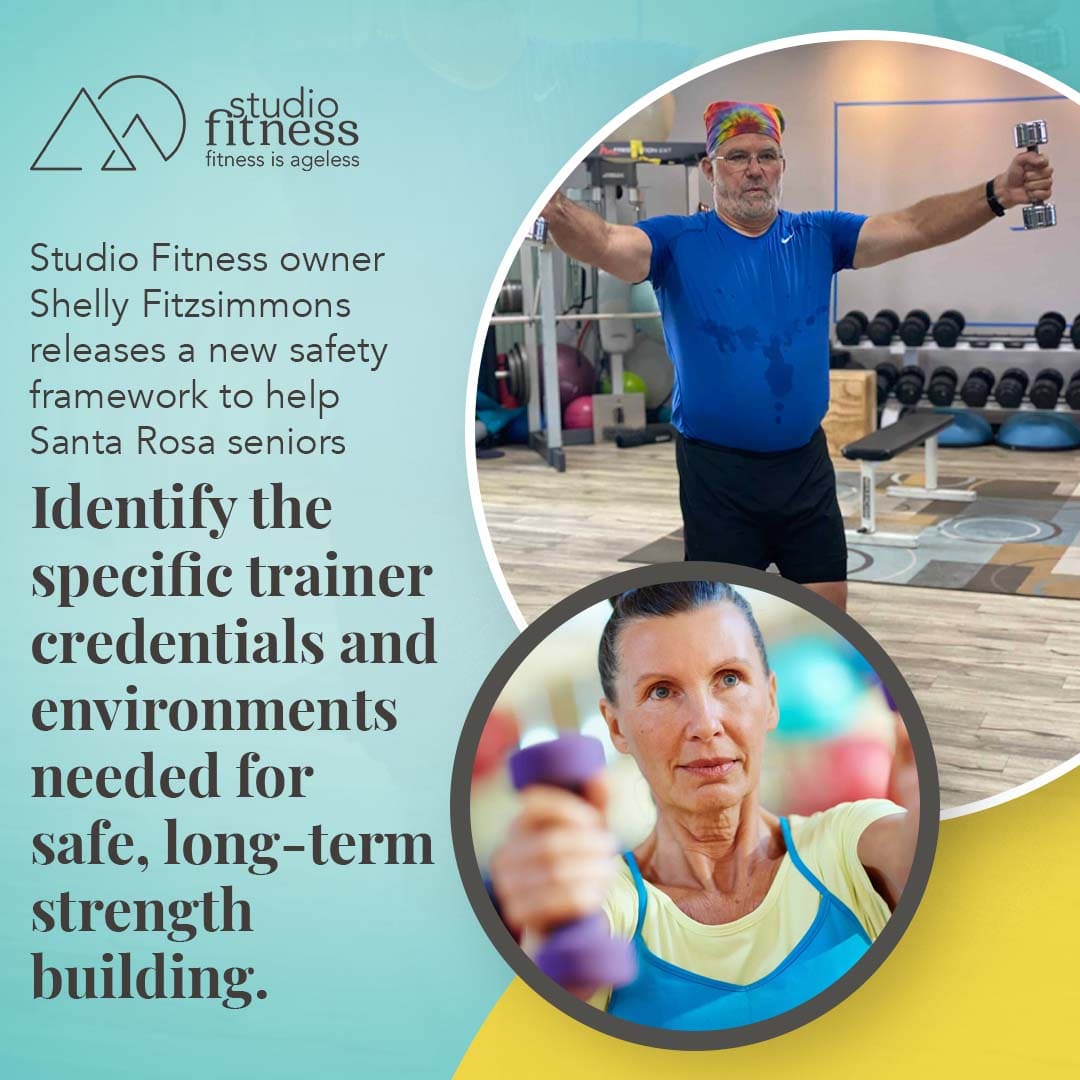 Senior adults participating in guided strength training exercises with certified fitness trainers at Studio Fitness