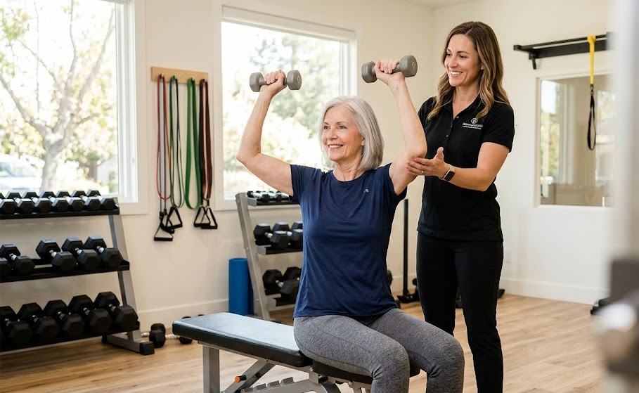 An older woman lifts dumbbells overhead while seated on a bench, showcasing senior fitness as her trainer assists her in a gym filled with weights and exercise equipment. An older woman lifts dumbbells overhead while seated on a bench, showcasing senior fitness as her trainer assists her in a gym filled with weights and exercise equipment.