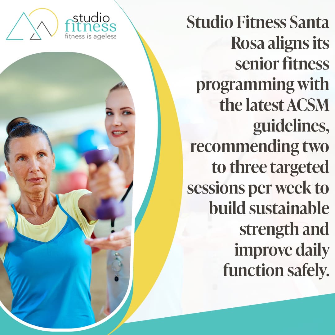 How Often Should Older Adults Strength Train? A Practical Guide for Senior Fitness 2 Two women participate in a senior fitness class with dumbbells. Text promotes Studio Fitness Santa Rosa's ACSM-guided strength sessions for seniors.
