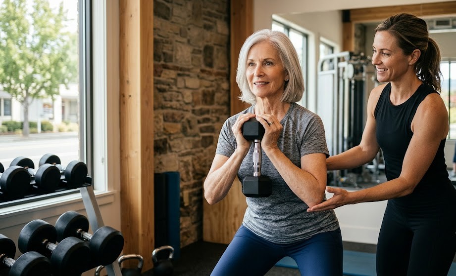 An older woman builds muscle and practices strength training with a dumbbell as a younger female trainer assists her in a gym filled with weights and exercise equipment.